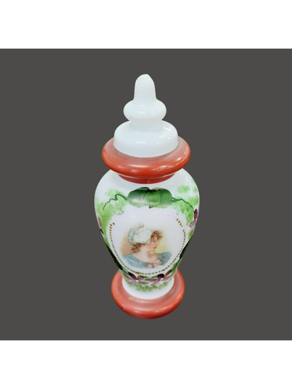 Vintage Hand-Painted Milk Glass Apothecary Jar Vase, Victorian Portrait & Floral